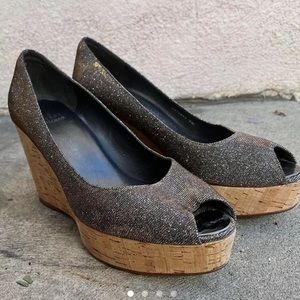Stuart Weitzman sparkly glitter open toe wedges
